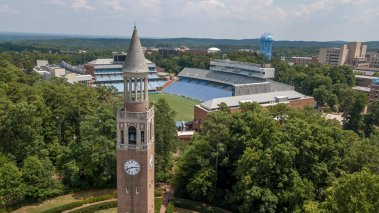 Aerial view of UNC Chapel Hill with stadium in background