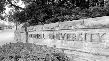Cornell University sign in black and white