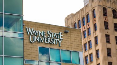 Wayne State University sign on the side of a building in Detroit 