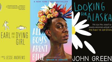 Covers of the banned books “All Boys Aren’t Blue,” “Me, Earl, and the Dying Girl,” and “Looking for Alaska,” 