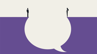 Two silhouette figures stand on opposite sides of a gulf in the shape of a comment bubble