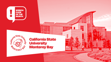Cal State Monterey Bay campus next to the Speech Code of the Month logo