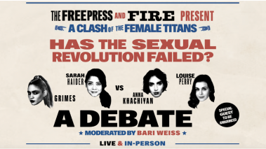 A poster with the faces of Grimes, Sarah Haider, Anna Khachiyan, and Louise Perry