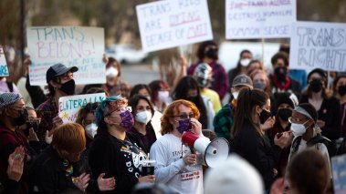 NMSU students and protesters speak during a protest against an anti-trans guest speaker on Tuesday, April 4, 2023, outside of the Corbett Center Student Union at New Mexico State University. 