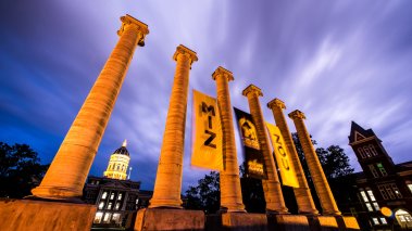 Mizzou's historic columns with Jesse Hall in the background on the campus of the University of Missouri in Columbia