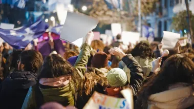 Protesters walking down the street