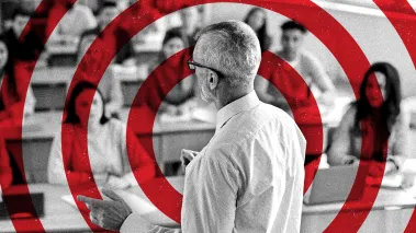Scholars Under Fire 2025 report cover showing a teacher and student in black and white with a red bullseye target over the teacher