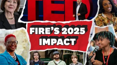 Photo collage featuring FIRE clients Ann Selzer, Monica Meeks, and Kim Diei — and FIRE President & CEO Greg Lukianoff at a TED Talk — around the words: "FIRE'S 2025 IMPACT"