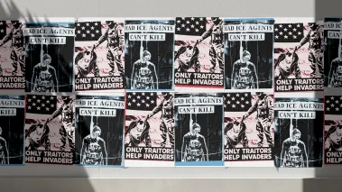Collage of a poster reading "Only Traitors Help Invaders" and another reading  of posters at reading "Dead ICE Agents Cant Kill"