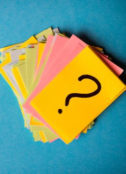 FAQ note cards with question marts