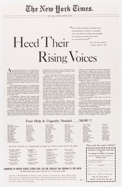 This advertisement is an exhibit from the court case Abernathy v Patterson involving Martin Luther King, Jr. The advertisement calls for support of the civil rights movement and is signed by 100 prominent citizens.