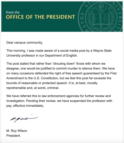 Message from Wayne State President Roy Wilson