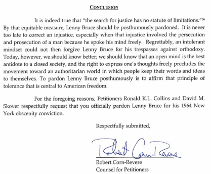 Excerpt from posthumous pardon petition in Lenny Bruce case