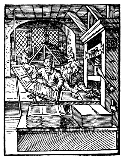 This woodcut from 1568 shows the left printer removing a page from the press while the one at right inks the text-blocks