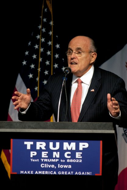 Former New York CIty Mayor Rudy Giuliani warms up the crowd of 1600 supporters at a Donald Trump campaign rally 