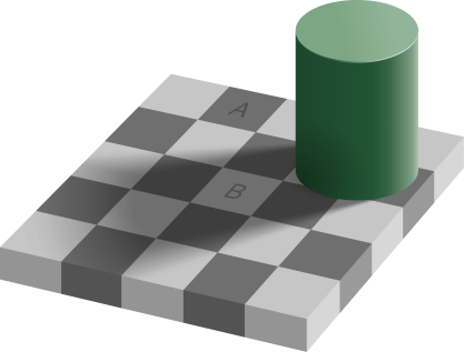 The checker shadow illusion. Square A is exactly the same shade of grey as square B.