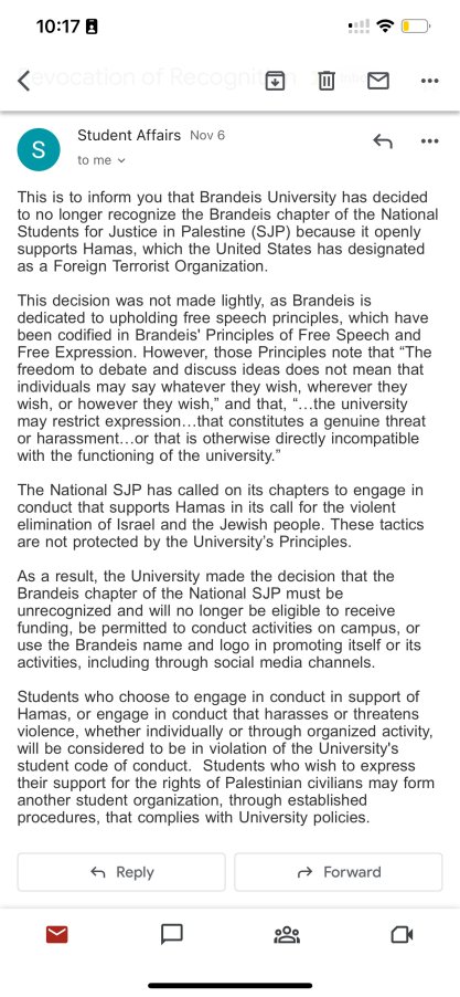 Email from Brandeis University to the Campus Chapter of Students for Justice in Palestine announcing the chapter has been de-recognized by the university.