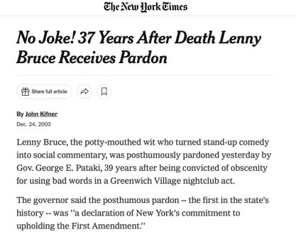 New York Times headline of Lenny Bruce pardon