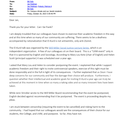 Oct. 20, 2023 email from University of Vermont Dean Bill Falls to Jan Feldman.