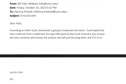 Oct. 20, 2023 email from University of Vermont Dean BIll Falls to Provost Patricia Prelock.