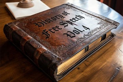 Large, leather bound book with "History of Free Speech Vol 4" on the cover