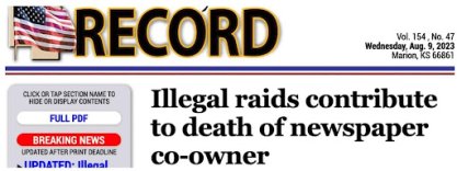 Marion County Record Front page on illegal police raid