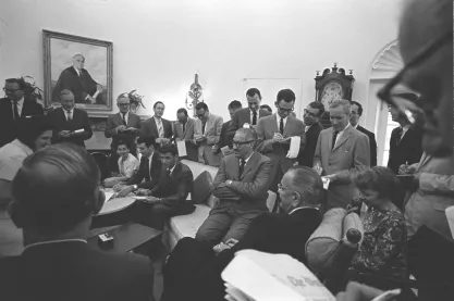President Lyndon B. Johnson (seated in chair) announces his decision to nominate Thurgood Marshall as Supreme court judge on June 13, 1967.