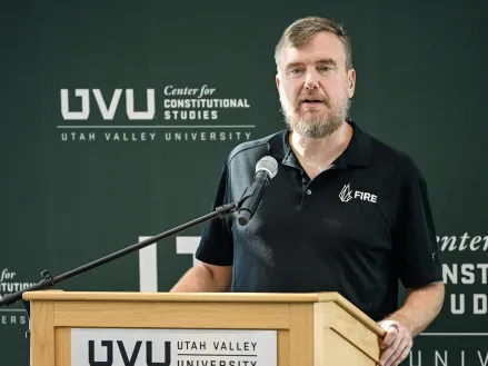 Greg Lukianoff speaks at Utah Valley University in 2025