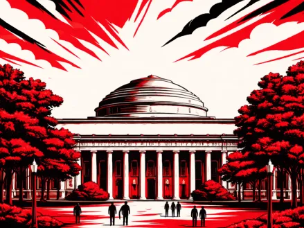 Illustration in red, white, and black of the MIT campus.