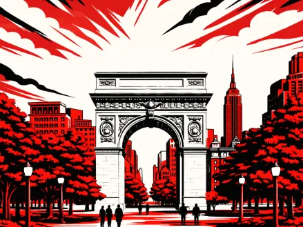 Illustration in red, white, and black of the NYU campus.