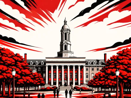 Illustration in red, white, and black of the Penn State University campus.