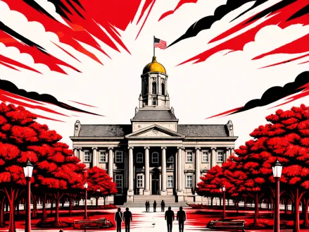 Illustration in red, white, and black of the University of Iowa campus.