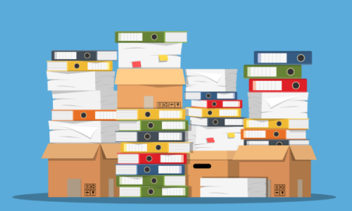 piles of books in boxes illustration