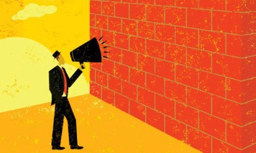 Illustration of a man with a megaphone yelling at a brick wall