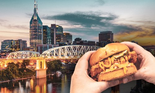City of Nashville and a person holding a chicken sandwich