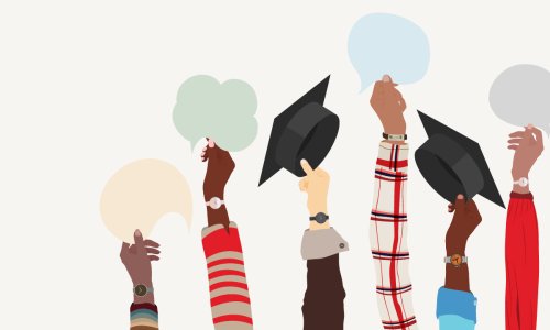 Arms holding up graduation caps and comment bubbles