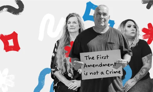 FIRE clients on a white background, with Jeff Gray in the center holding a sign that reads "The First Amendment is not a crime"