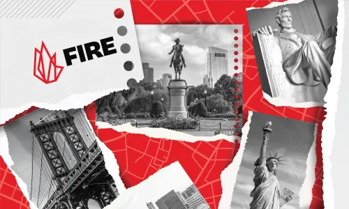 FIRE logo and scrapbook images including the Lincoln Memorial, Brooklyn Bridge, and Statue of Liberty