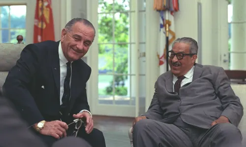 Marshall meeting with President Lyndon B. Johnson in the Oval Office of the White House on the day that Marshall was nominated by Johnson to serve on the Supreme Court.