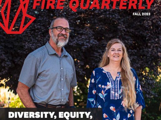 Cover of the fall edition of the FIRE Quarterly magazine, featuring two California professors standing outdoors with the title, "Diversity, Equity, and ... Exclusion?"