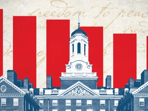 Black and white image of stately brick university building with a tall white cupola in the foreground with red bars (like from a graph) descending behind it, indicating quantitative analysis.