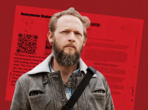 IAIA student journalist David McNicholas cropped on red background with a newspaper behind him