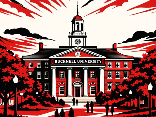 Illustration in red, white, and black of the Bucknell University campus.