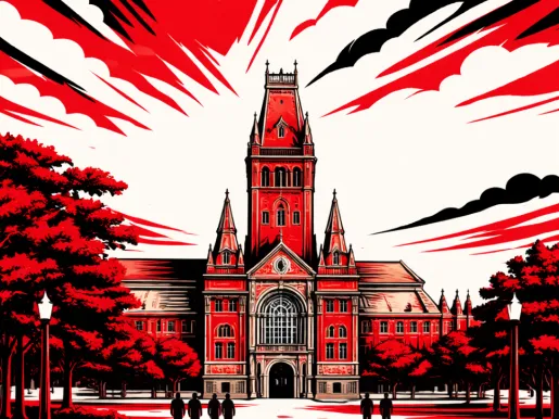 Illustration in red, white, and black of the Harvard University campus.