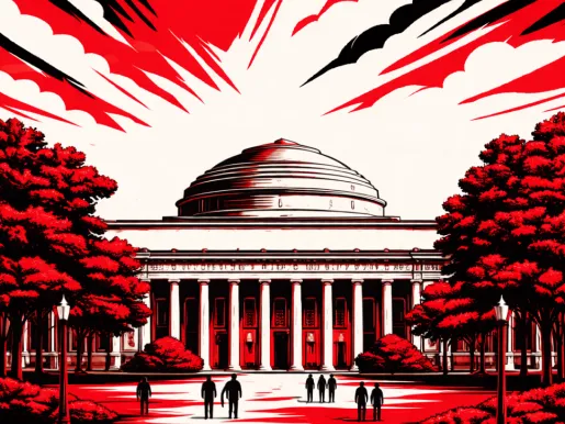 Illustration in red, white, and black of the MIT campus.