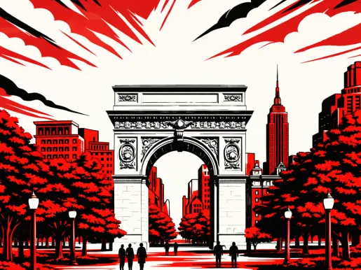 Illustration in red, white, and black of the NYU campus.