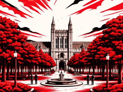 Illustration in red, white, and black of the Northwestern University campus.