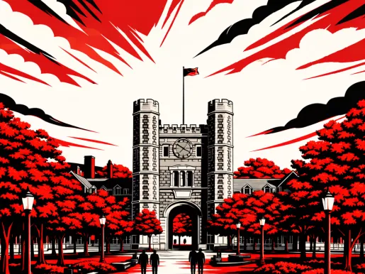 Illustration in red, white, and black of the Princeton University campus.