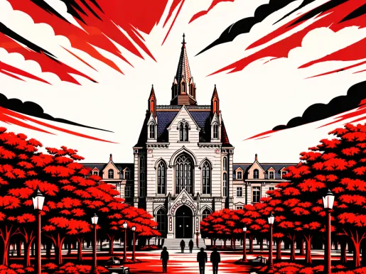 Illustration in red, white, and black of the UPenn campus.