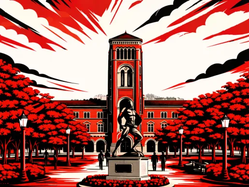 Illustration in red, white, and black of the USC campus.